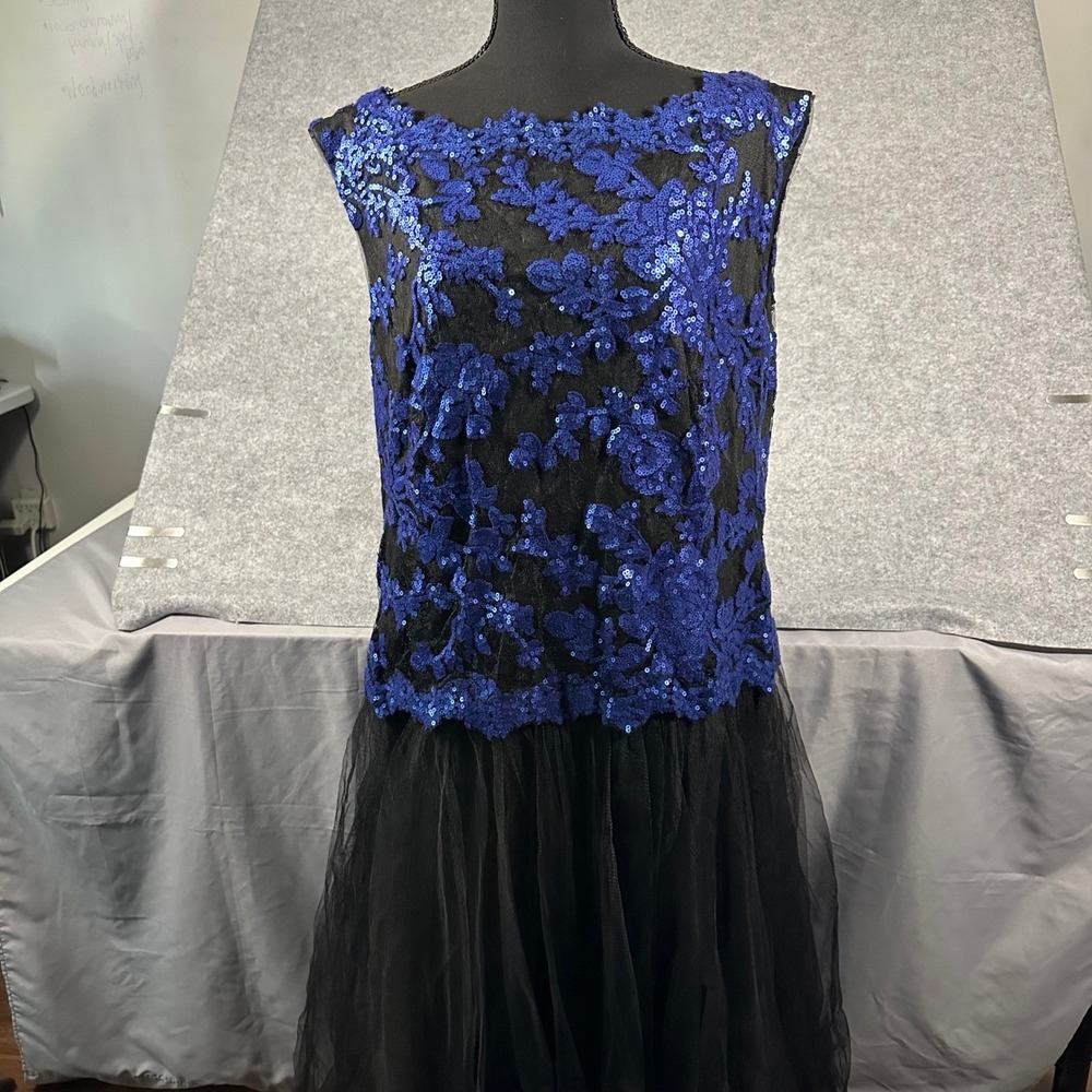 Tadashi Shoji Too Gown Womens 16Q Black Blue Sequin Lace Tulle Sleeveless